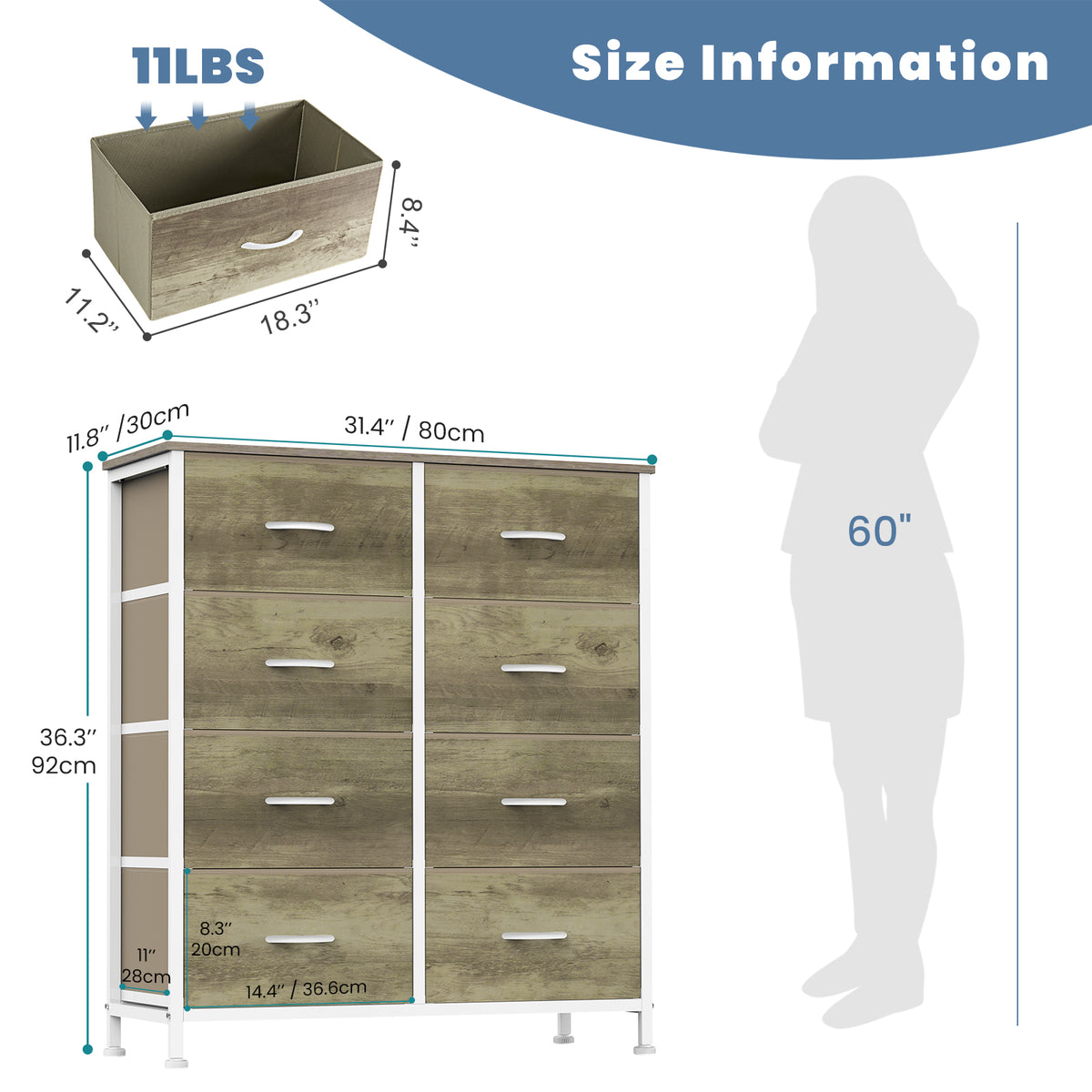 Aeelleea Oak Color Tall Dresser Fabric Storage Tower with Wooden Top