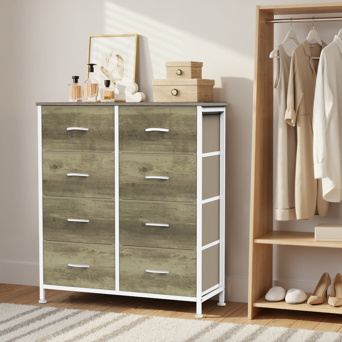 Aeelleea Oak Color Tall Dresser Fabric Storage Tower with Wooden Top