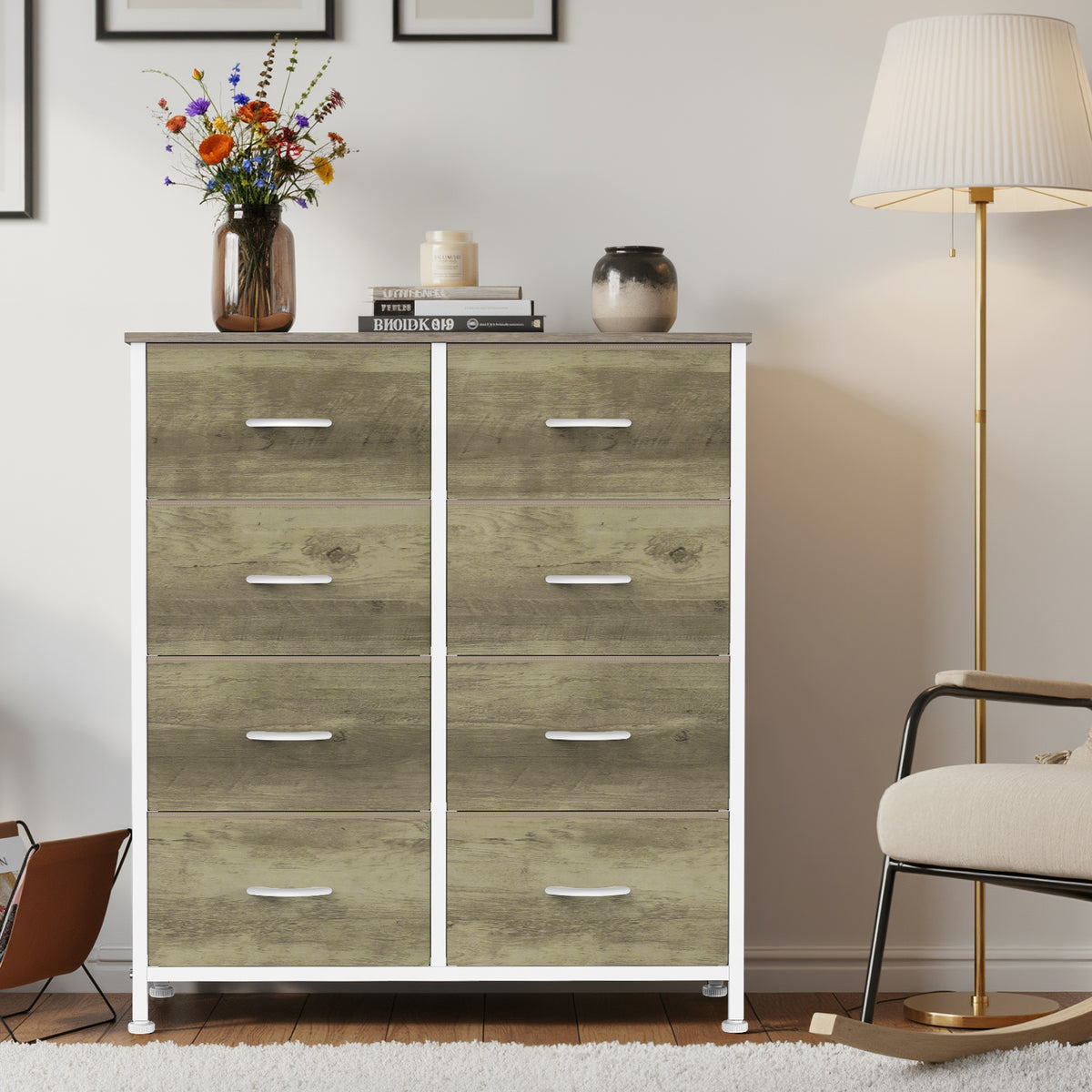 Aeelleea Oak Color Tall Dresser Fabric Storage Tower with Wooden Top