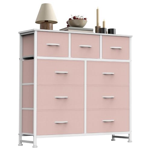 Aeelleea Pink Tall Dresser Fabric Storage Tower with Wooden Top for Kids Room
