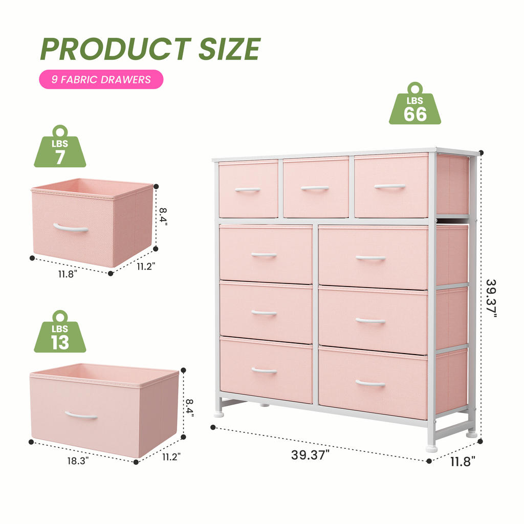 Aeelleea Pink Tall Dresser Fabric Storage Tower with Wooden Top for Kids Room