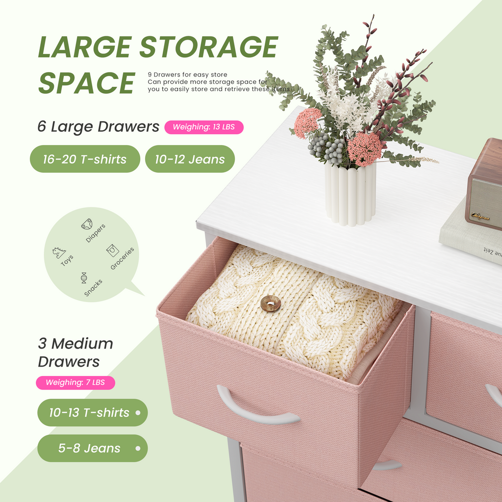 Aeelleea Pink Tall Dresser Fabric Storage Tower with Wooden Top for Kids Room