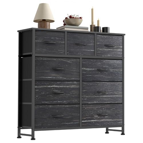 Aeelleea Black Wood Grain Tall Dresser Fabric Storage Tower with Wooden Top