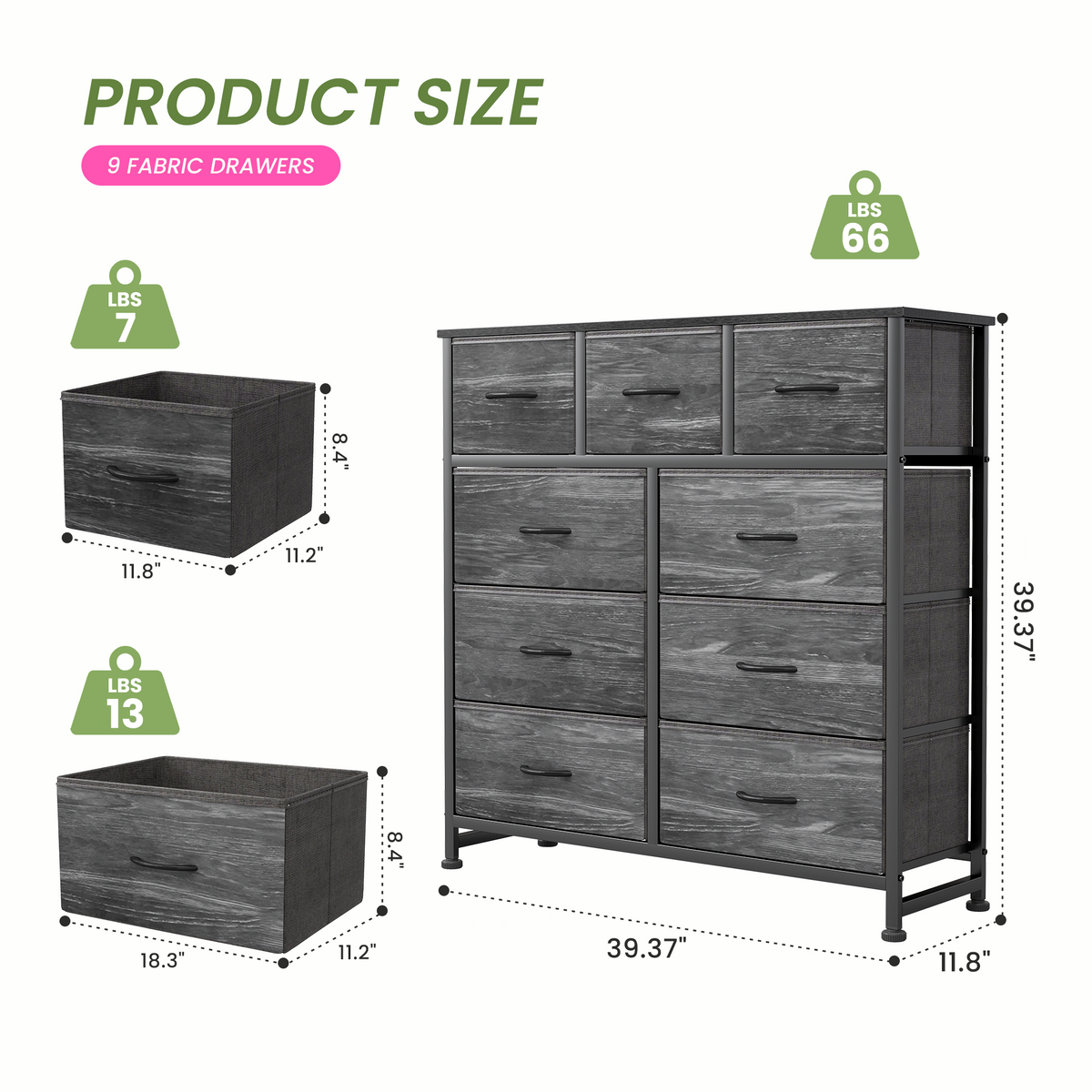 Aeelleea Black Wood Grain Tall Dresser Fabric Storage Tower with Wooden Top