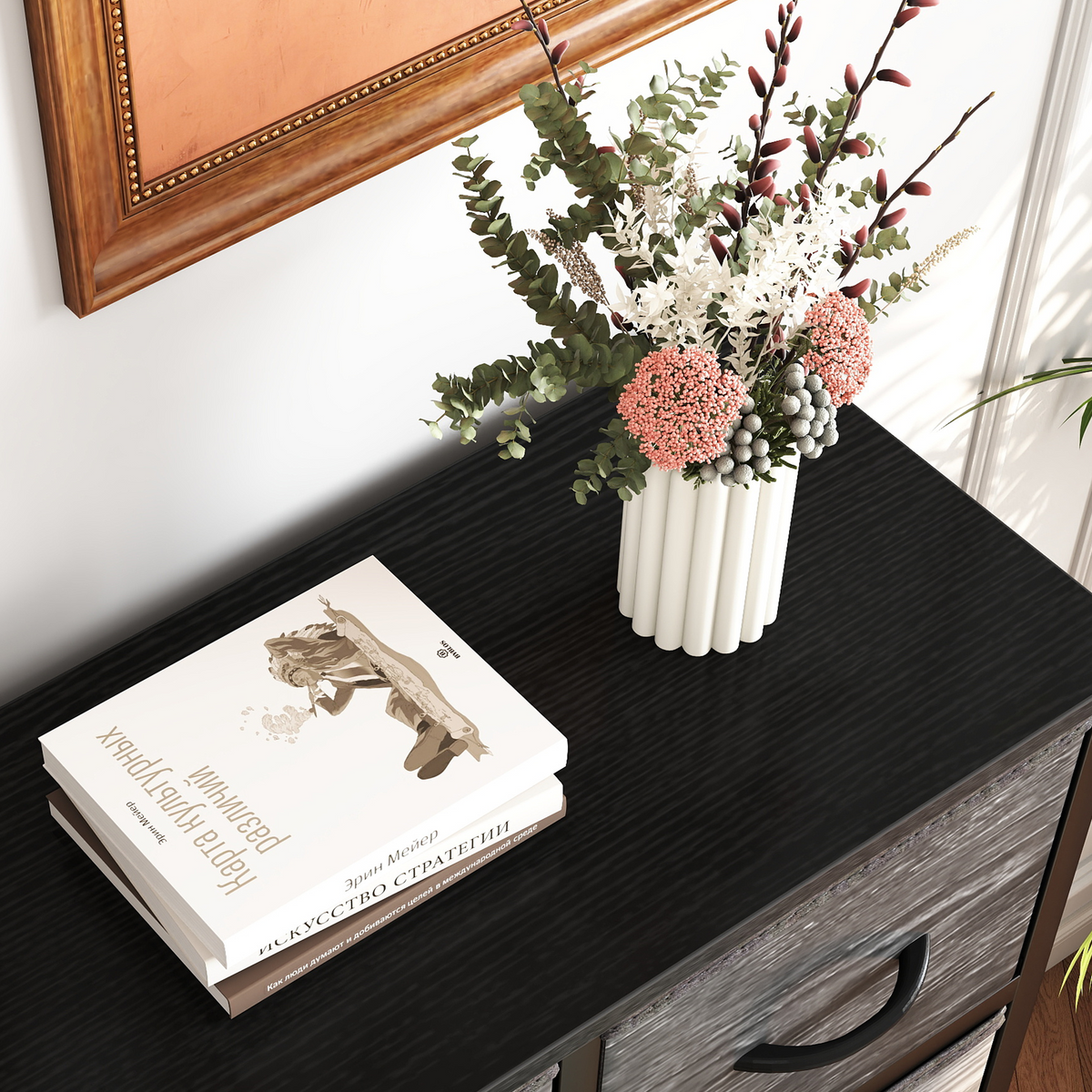 Aeelleea Black Wood Grain Tall Dresser Fabric Storage Tower with Wooden Top