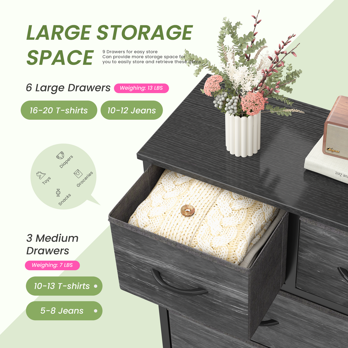 Aeelleea Black Wood Grain Tall Dresser Fabric Storage Tower with Wooden Top