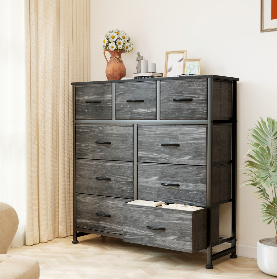 Aeelleea Black Wood Grain Tall Dresser Fabric Storage Tower with Wooden Top