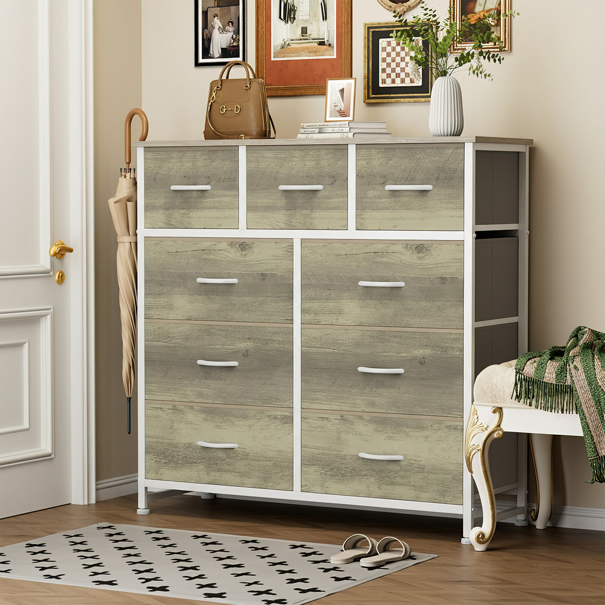 Aeelleea Oak Color Tall Dresser Fabric Storage Tower with Wooden Top