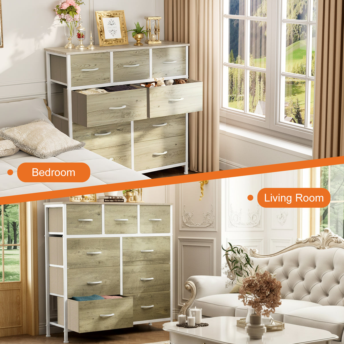 Aeelleea Oak Color Tall Dresser Fabric Storage Tower with Wooden Top