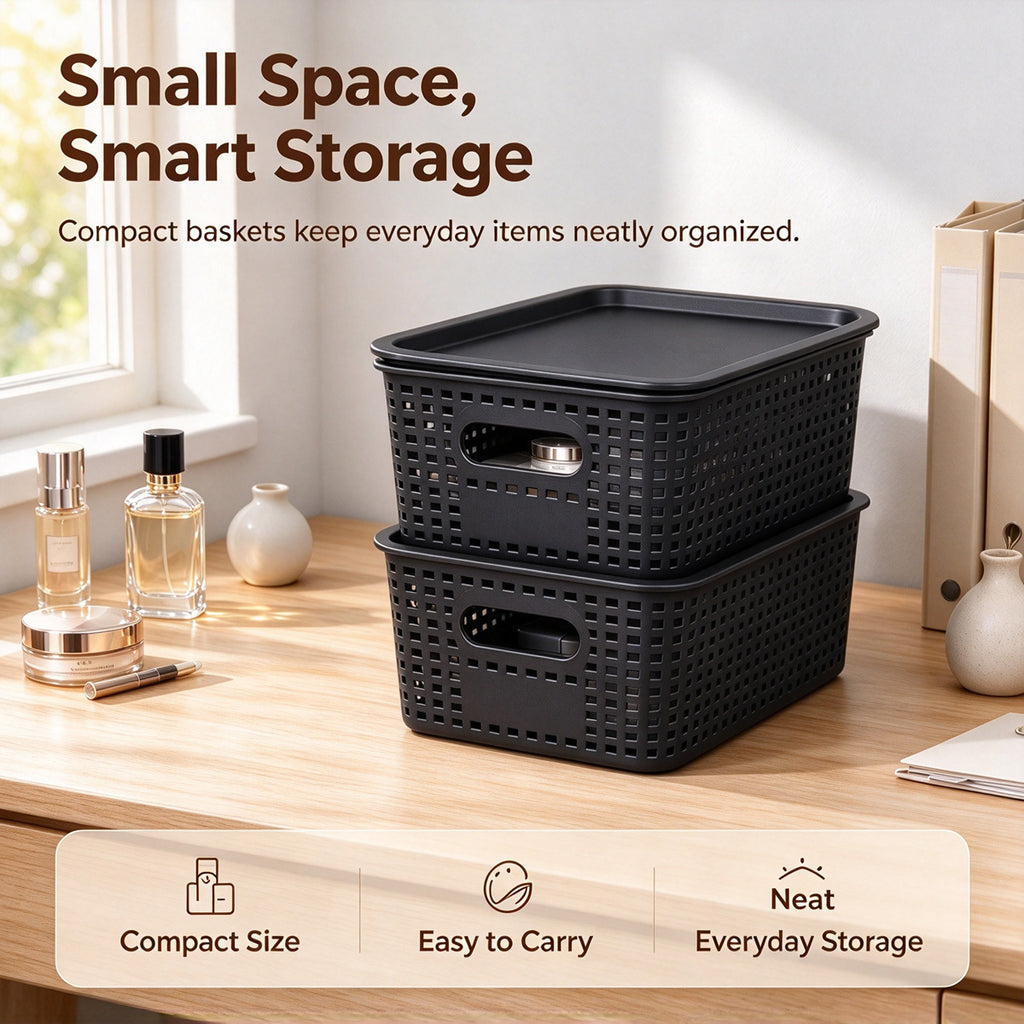 4-Pack Plastic Storage Bins with Lids, Stackable Storage Baskets for Shelves, Drawers, Closets, Playrooms, Classrooms and Offices