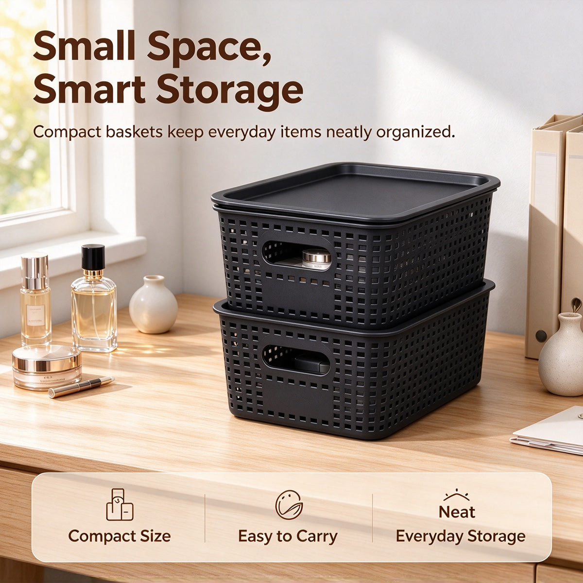 4-Pack Plastic Storage Bins with Lids, Stackable Storage Baskets for Shelves, Drawers, Closets, Playrooms, Classrooms and Offices