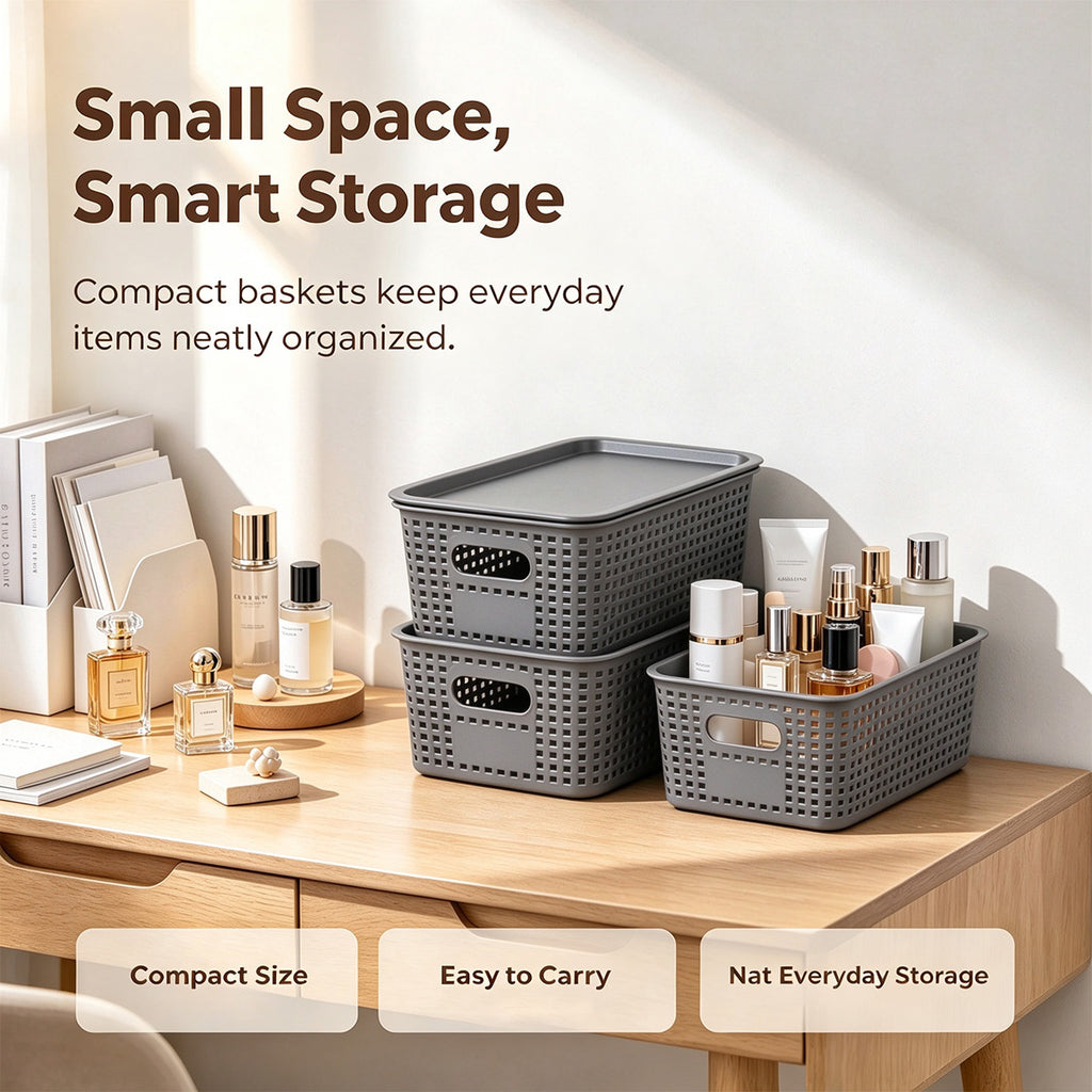 4-Pack Plastic Storage Bins with Lids, Stackable Storage Baskets for Shelves, Drawers, Closets, Playrooms, Classrooms and Offices