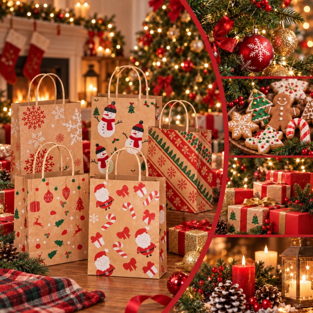 AEELLEEA 12Pcs Christmas Kraft Gift Bags 6.3"×3.15"×8.66", Holiday Goodie Bags with Tags & Jute Twine
