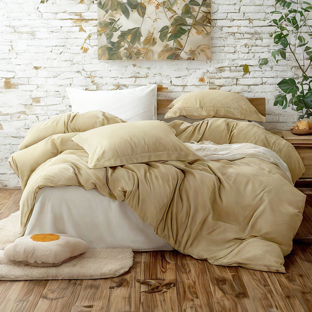 Aeelleea Solid Color Microfiber Bedding Set, Soft Durable Duvet Cover Set, White or Khaki