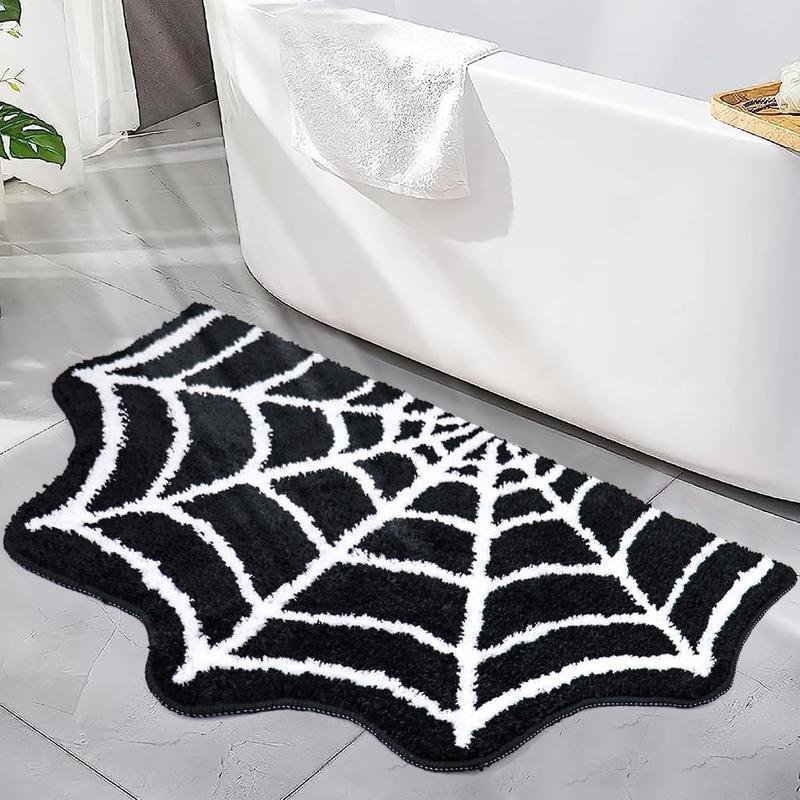 Aeelleea Halloween Spider Web Bath Mat, Non-Slip Black Rug for Shower Kitchen Entryway