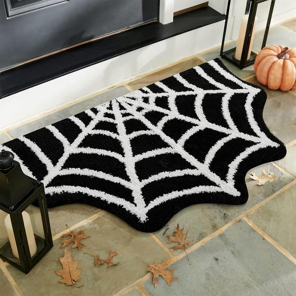 Aeelleea Halloween Spider Web Bath Mat, Non-Slip Black Rug for Shower Kitchen Entryway