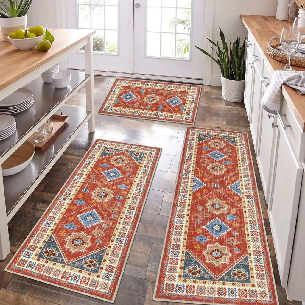 Aeelleea 3-Piece Boho Kitchen Rug Set, Washable Anti-Slip Thick Rugs for Hallway Laundry Room