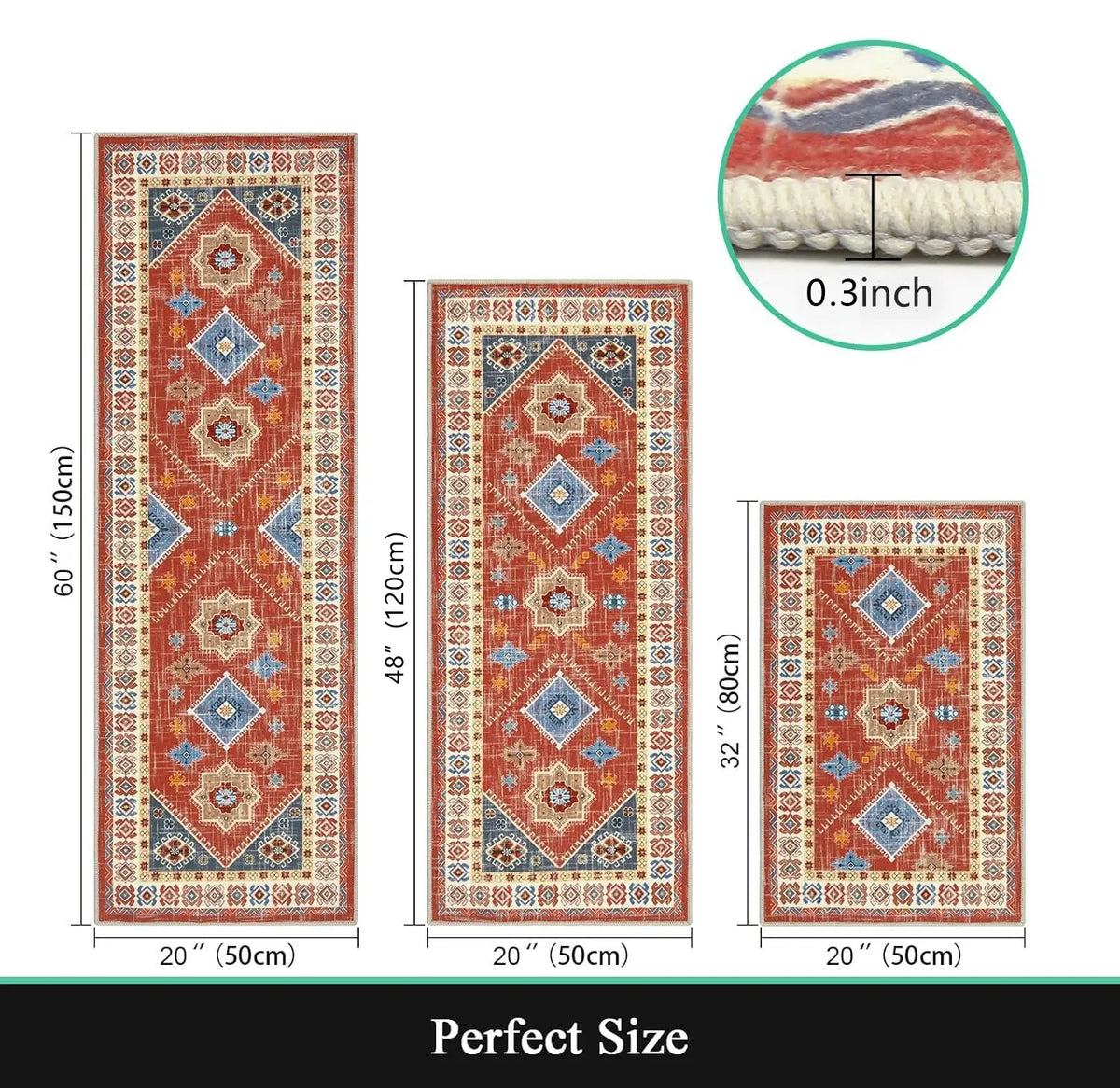 Aeelleea 3-Piece Boho Kitchen Rug Set, Washable Anti-Slip Thick Rugs for Hallway Laundry Room
