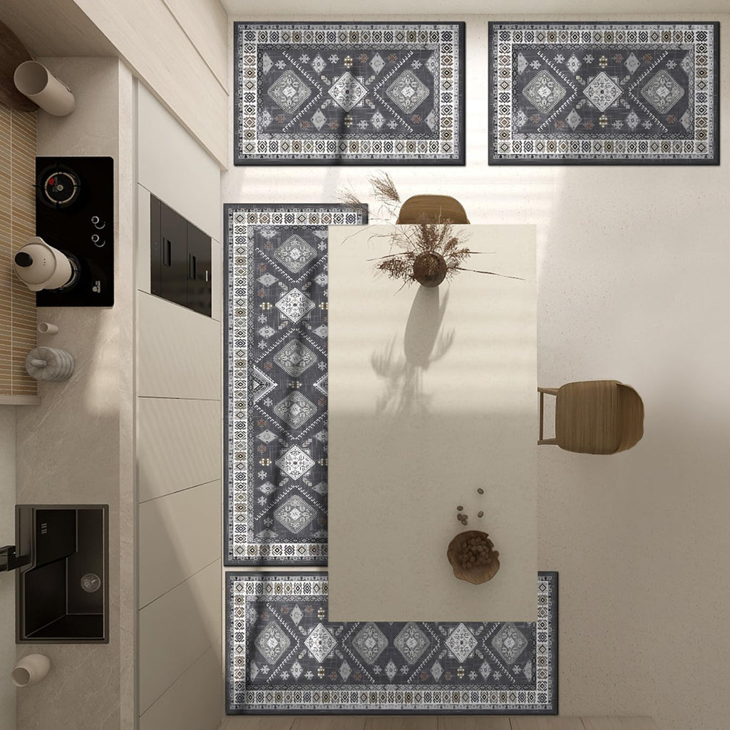 Aeelleea Bohemian Kitchen Rugs, 4-Piece Washable Non-Slip Microfiber Runner Mats, Floral, 59x20