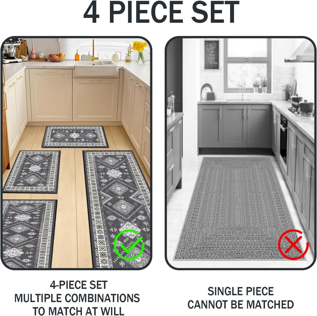 Aeelleea Bohemian Kitchen Rugs, 4-Piece Washable Non-Slip Microfiber Runner Mats, Floral, 59x20