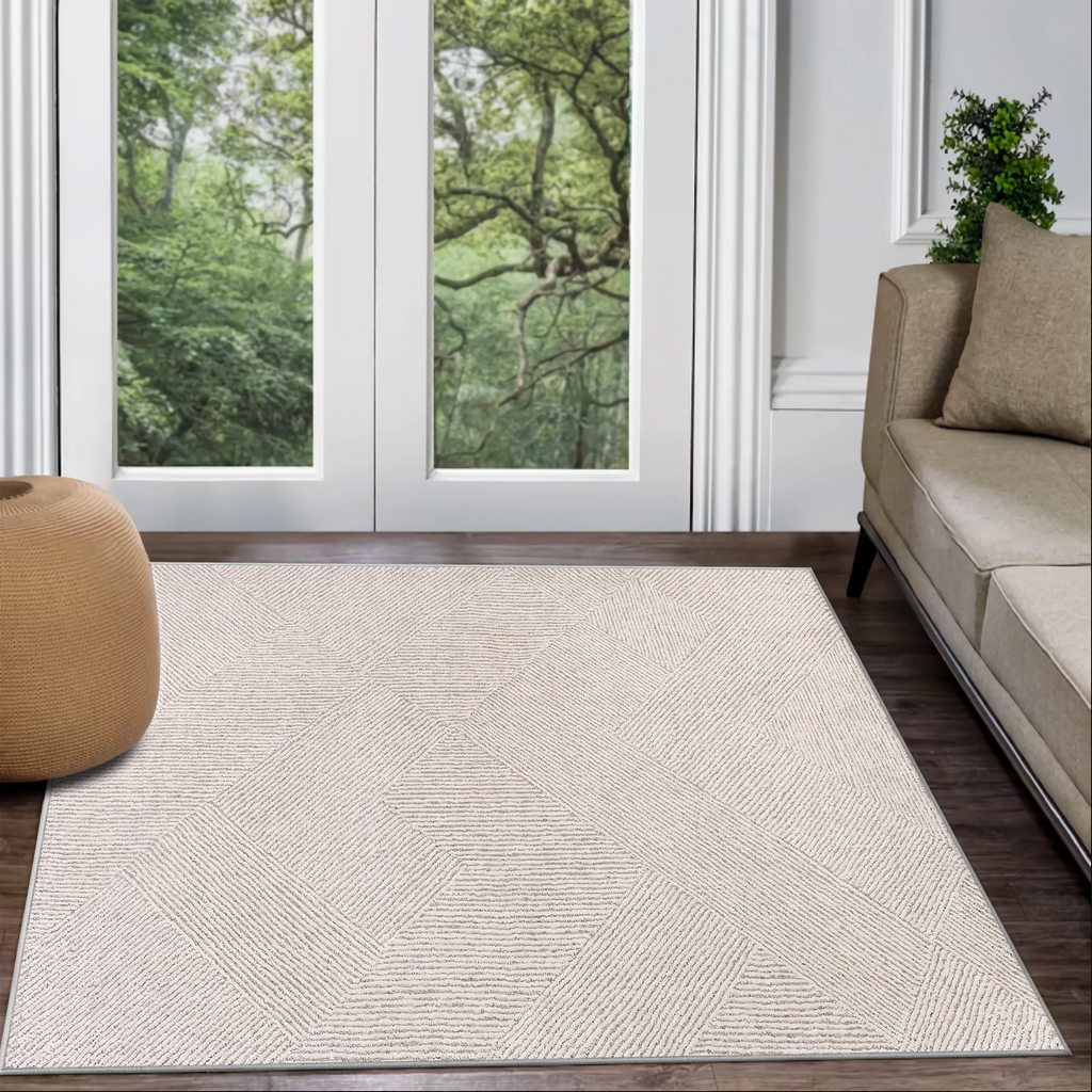 Aeelleea 3D Geometric Area Rug 4x6, Beige Gray Polyester Washable Carpet for Bedroom Living Room