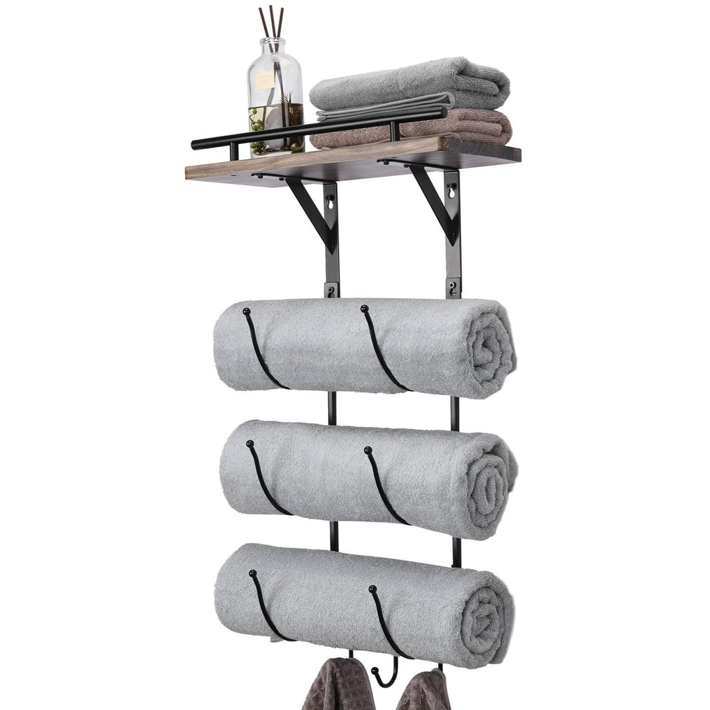 Aeelleea Black Wall-Mounted Towel Rack, Bathroom Organizer with Wooden Shelf & 3 Hooks