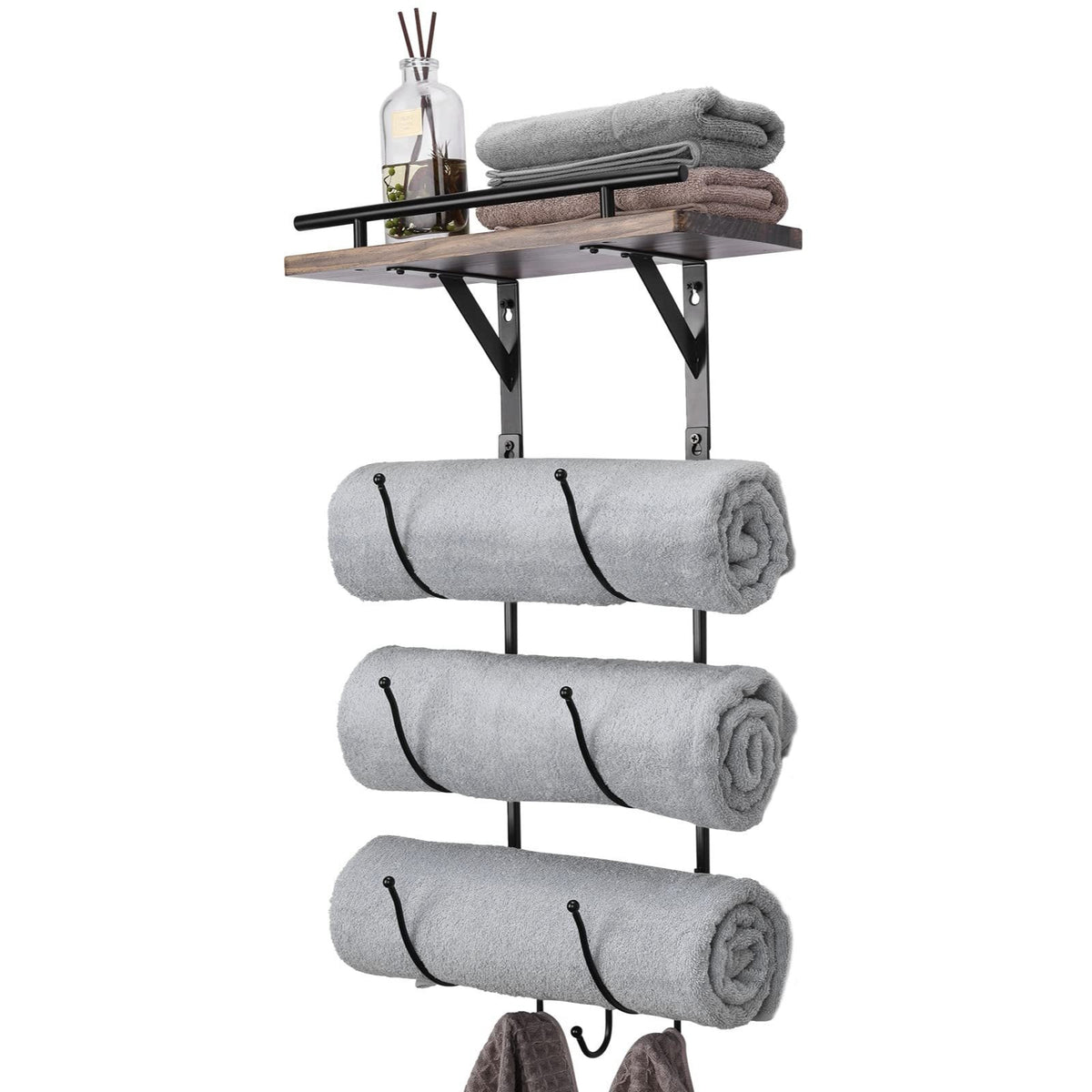 Aeelleea Black Wall-Mounted Towel Rack, Bathroom Organizer with Wooden Shelf & 3 Hooks