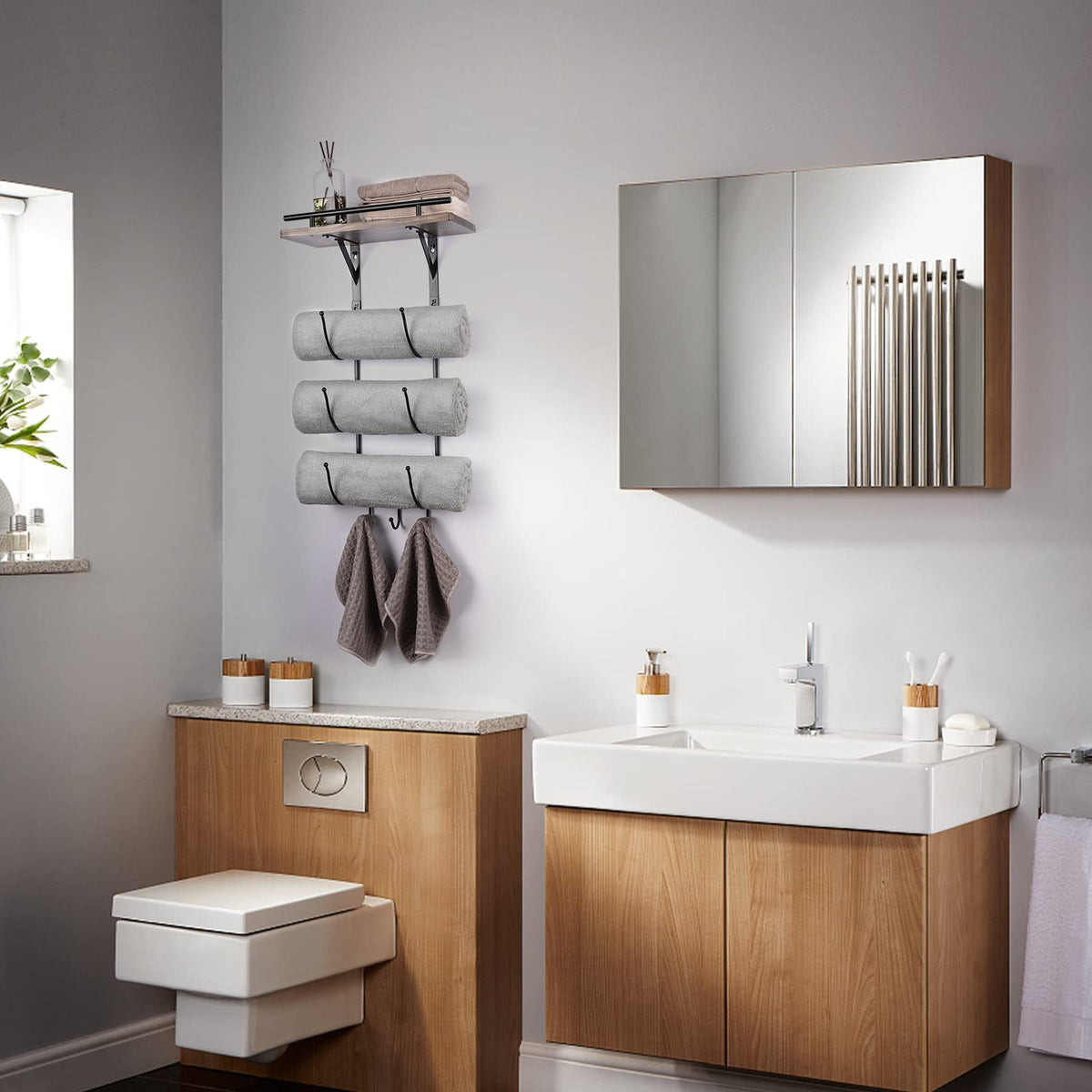 Aeelleea Black Wall-Mounted Towel Rack, Bathroom Organizer with Wooden Shelf & 3 Hooks