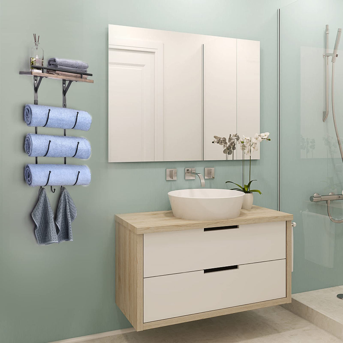 Aeelleea Black Wall-Mounted Towel Rack, Bathroom Organizer with Wooden Shelf & 3 Hooks