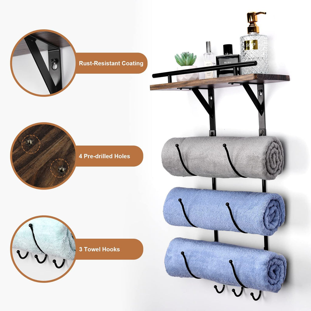 Aeelleea Black Wall-Mounted Towel Rack, Bathroom Organizer with Wooden Shelf & 3 Hooks