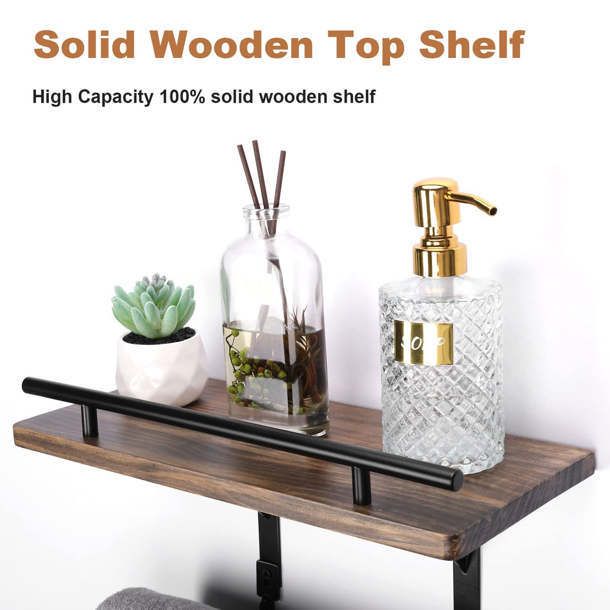 Aeelleea Black Wall-Mounted Towel Rack, Bathroom Organizer with Wooden Shelf & 3 Hooks