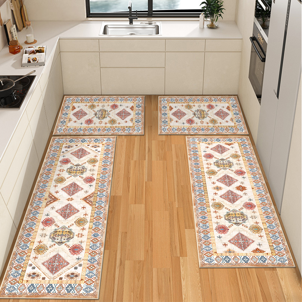 Aeelleea Kitchen Rug Set of 4, Bohemian Vintage Washed Chenille Non-Slip Washable Mats
