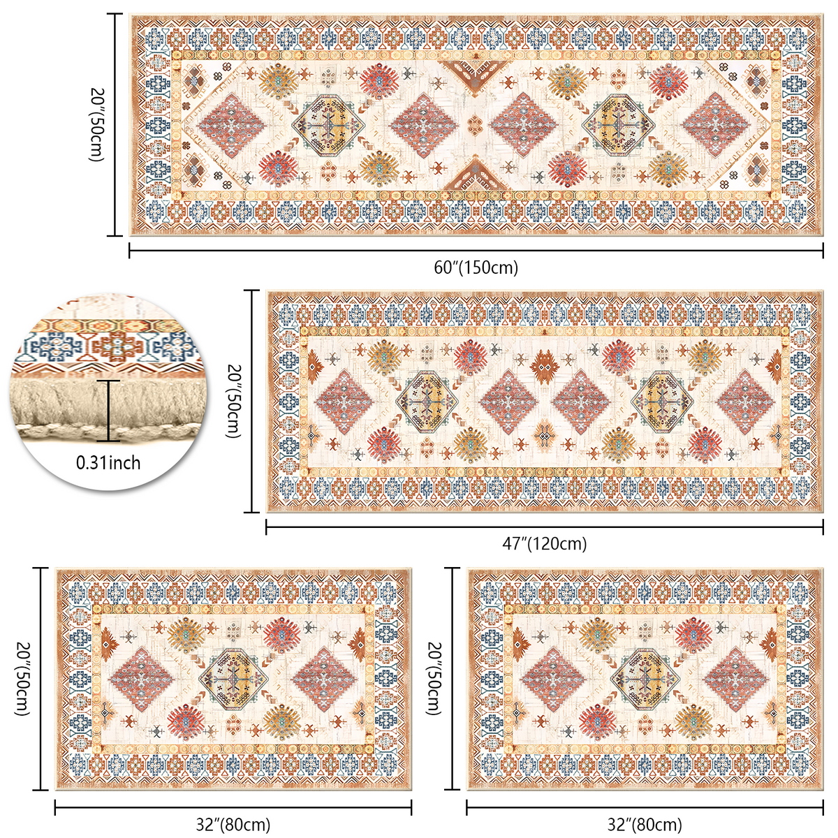 Aeelleea Kitchen Rug Set of 4, Bohemian Vintage Washed Chenille Non-Slip Washable Mats