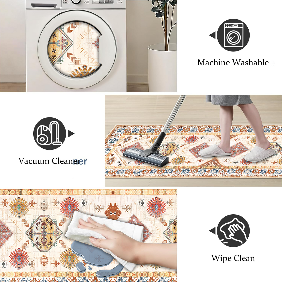 Aeelleea Kitchen Rug Set of 4, Bohemian Vintage Washed Chenille Non-Slip Washable Mats
