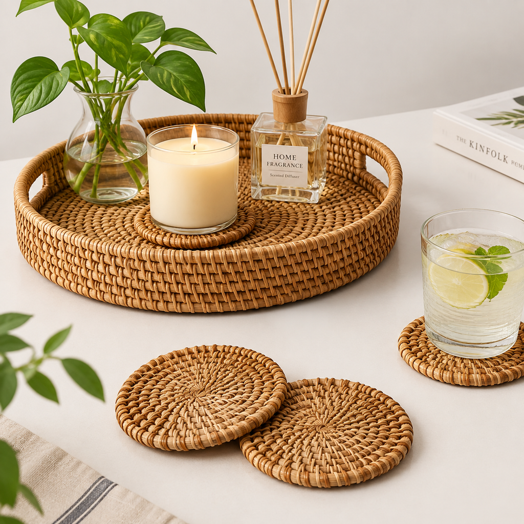 Natural Woven Rattan Coasters Set of 4, Round Handmade Drink Coasters, Boho Table Decor for Coffee Tea Mugs, Heat Resistant Tabletop Protection for Home Kitchen Bar