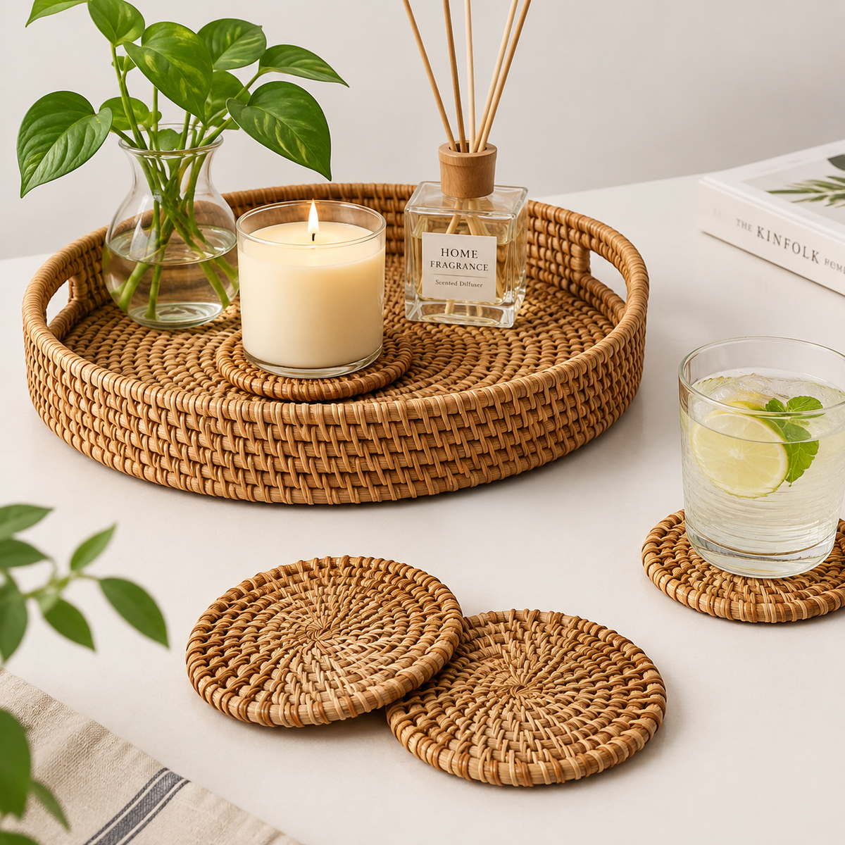 Natural Woven Rattan Coasters Set of 4, Round Handmade Drink Coasters, Boho Table Decor for Coffee Tea Mugs, Heat Resistant Tabletop Protection for Home Kitchen Bar