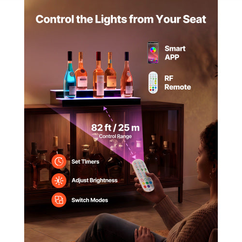 2 Tier 24 Inch LED Liquor Bottle Display, Lighted Acrylic Bar Shelf with RF Remote and APP Control, 9 Colors