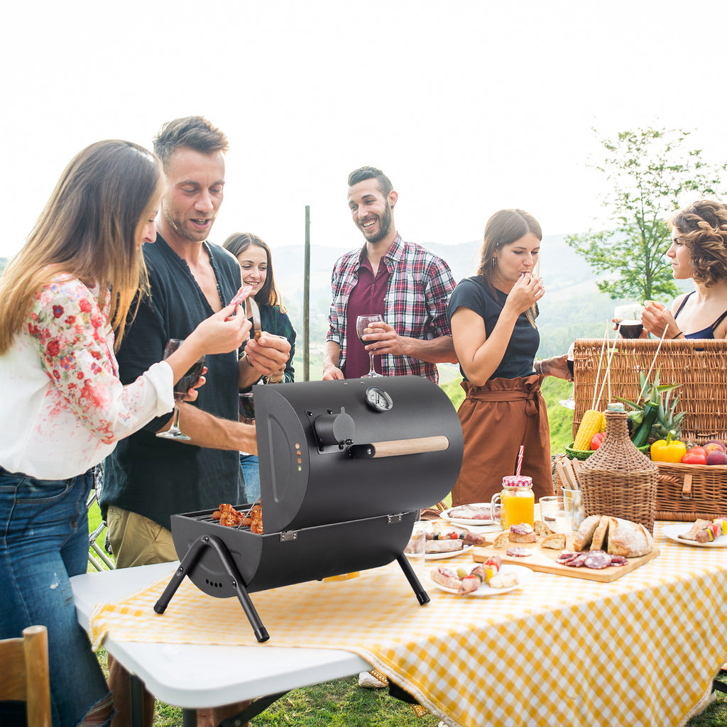 AEELLEEA-Portable Charcoal Grill with Thermometer & Wooden Handle, Compact Tabletop BBQ Grill for Camping