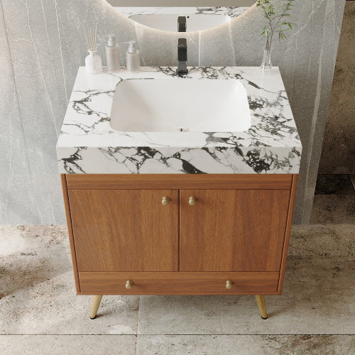Bathroom Vanity with Sink, Wood Freestanding Vanity with Marble Top Double Doors and Drawer, Modern Vanity Cabinet