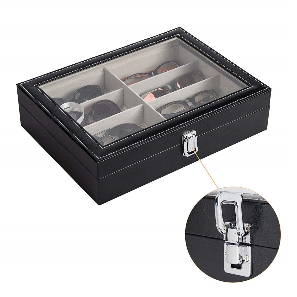 AEELLEEA-Leather Multi Sunglasses Organizer for Women & Men, Eyeglass Display Storage Box with 8 Slots, Black Eyewear Holder for Sunglasses Collection