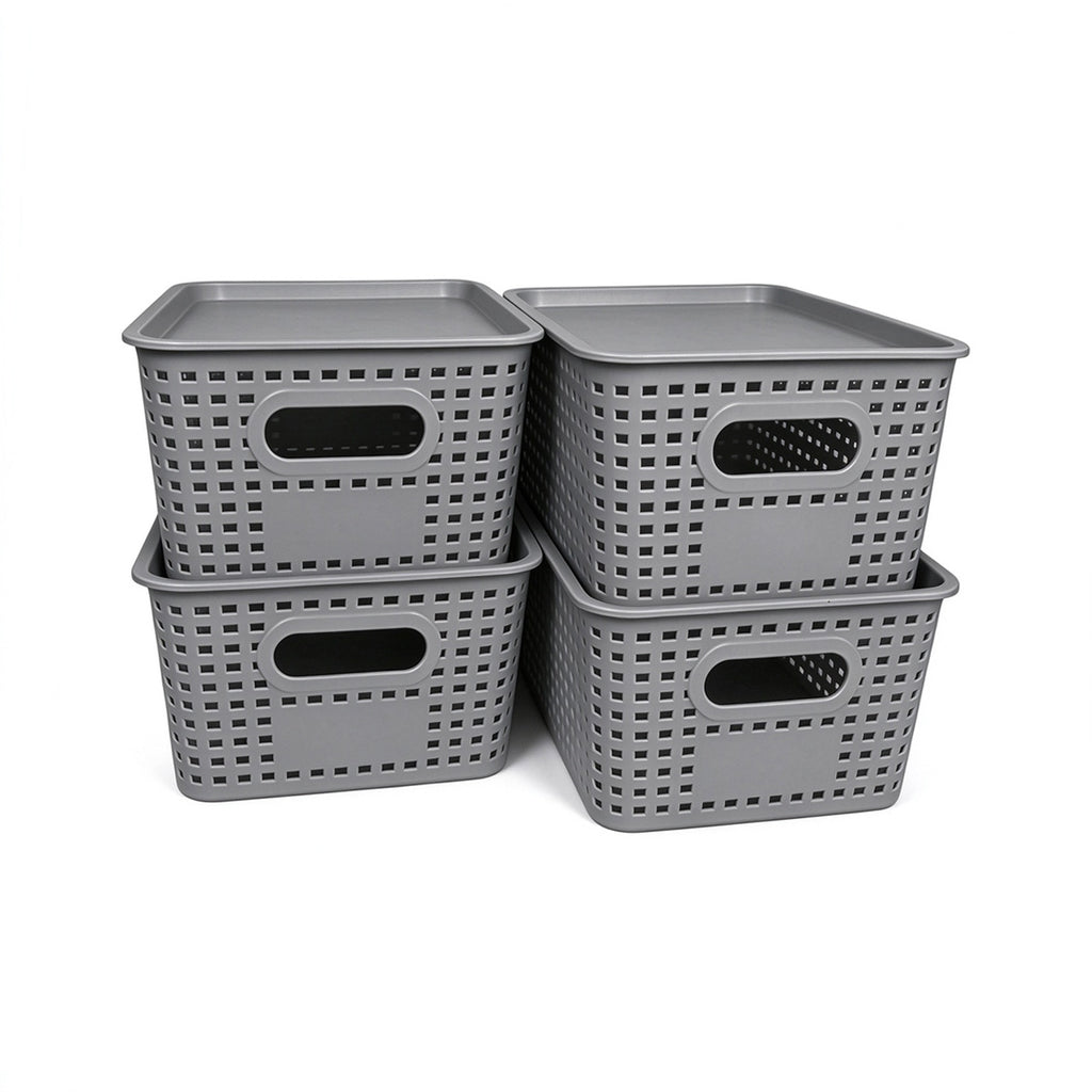 4-Pack Plastic Storage Bins with Lids, Stackable Storage Baskets for Shelves, Drawers, Closets, Playrooms, Classrooms and Offices