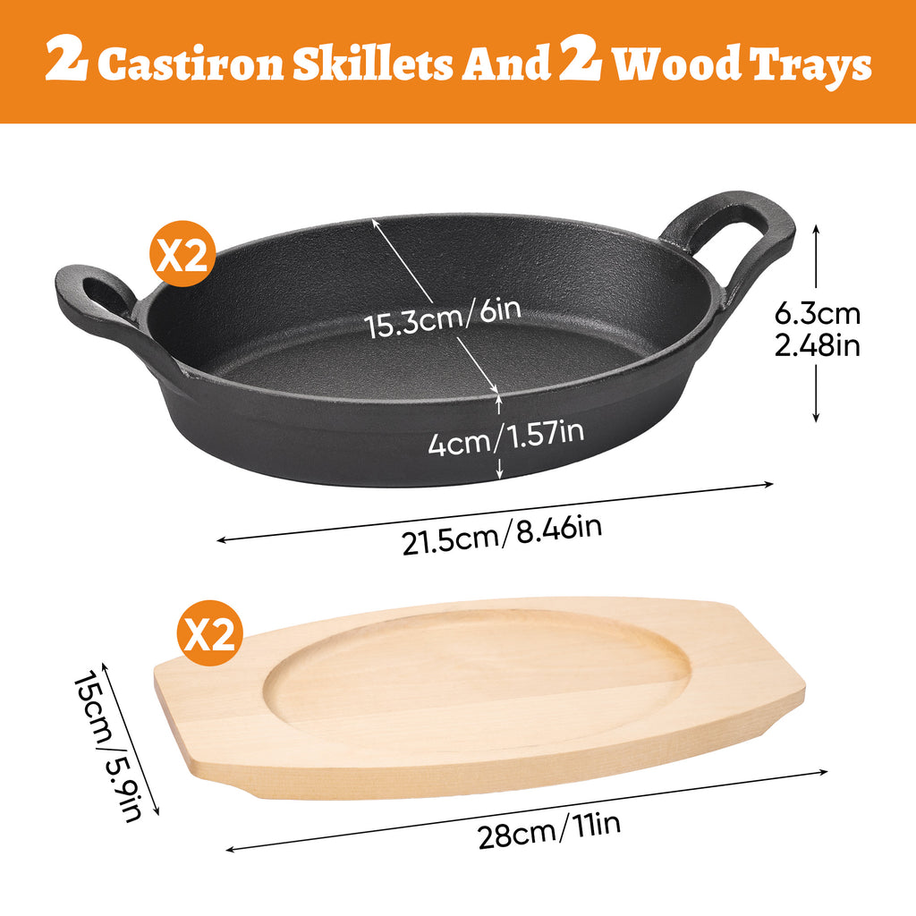 Oval Cast Iron Fajita Pan with Wooden Base, Double Handles, Individual Baking Dish for Steak, Casserole, Bakeware Set, Available in 2 Pack & 4 Pack