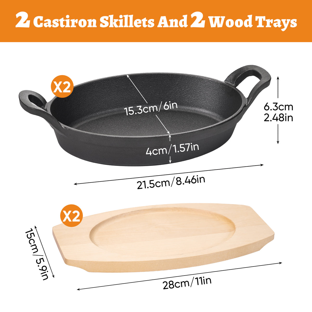 Oval Cast Iron Fajita Pan with Wooden Base, Double Handles, Individual Baking Dish for Steak, Casserole, Bakeware Set, Available in 2 Pack & 4 Pack