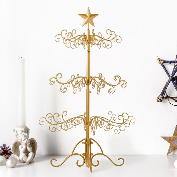 AEELLEEA 3 ft Gold Metal Christmas Ornament Display Tree, 3-Tier Holiday Decor Stand for Ornaments, Cards and Photos