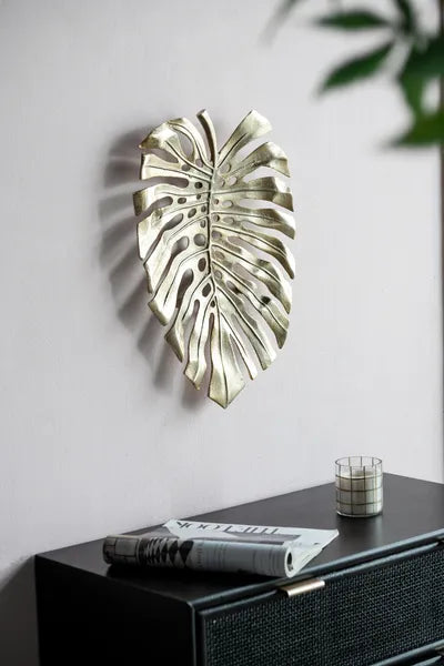 Gold Monstera Leaf Wall Decor 18.9×13.4×1.4 Inch, Aluminum Tropical Leaf Wall Art, Dual-use Wall Hanging & Tabletop Display