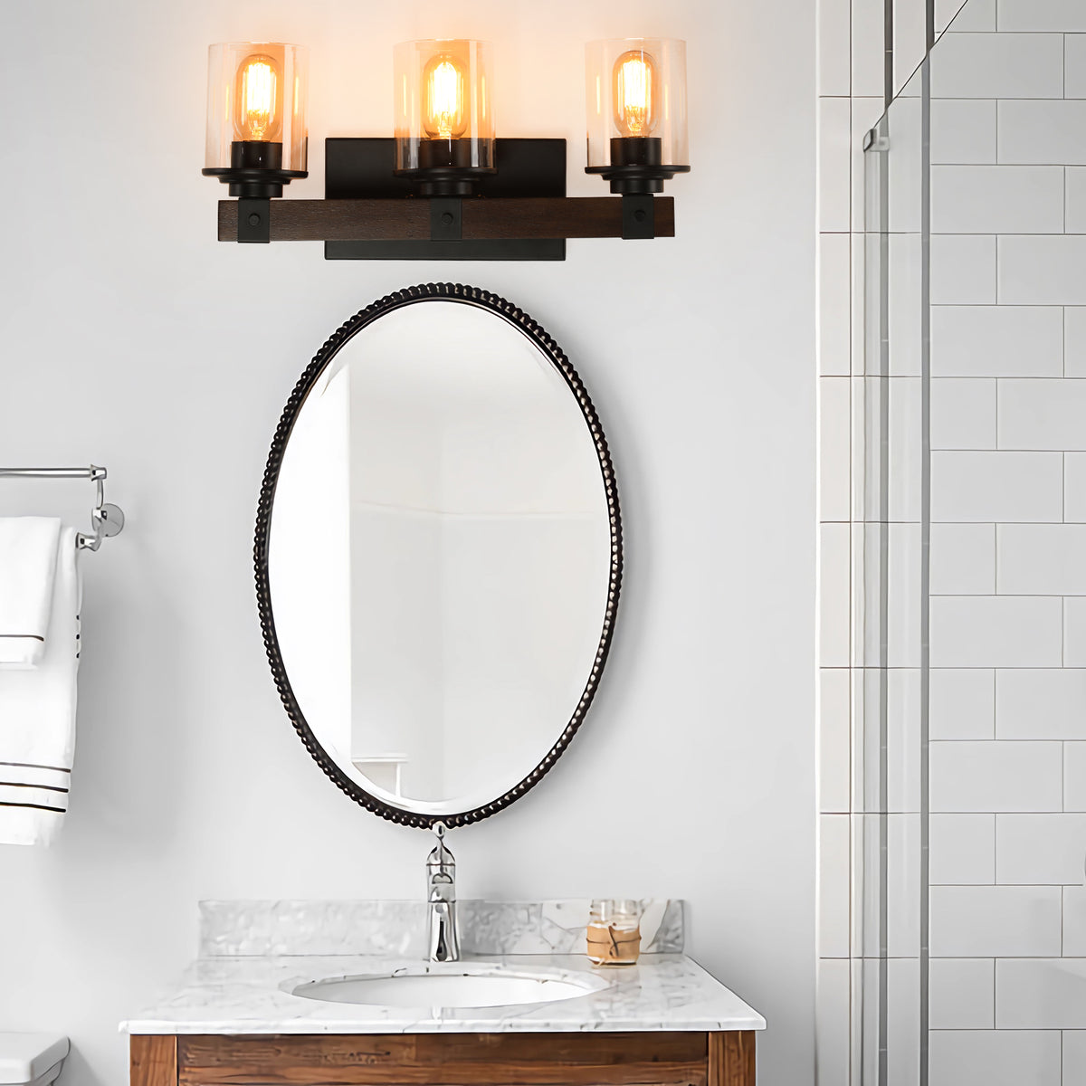 3-Light Vanity Mirror Lighting, Solid Wood Lamp Pole, Iron Base & Lamp Cup Connector, Glass Lampshade, Matte Black Metal Frame with Walnut Finish, Makeup Lights for Dressing Table Bedroom Bathroom Decor
