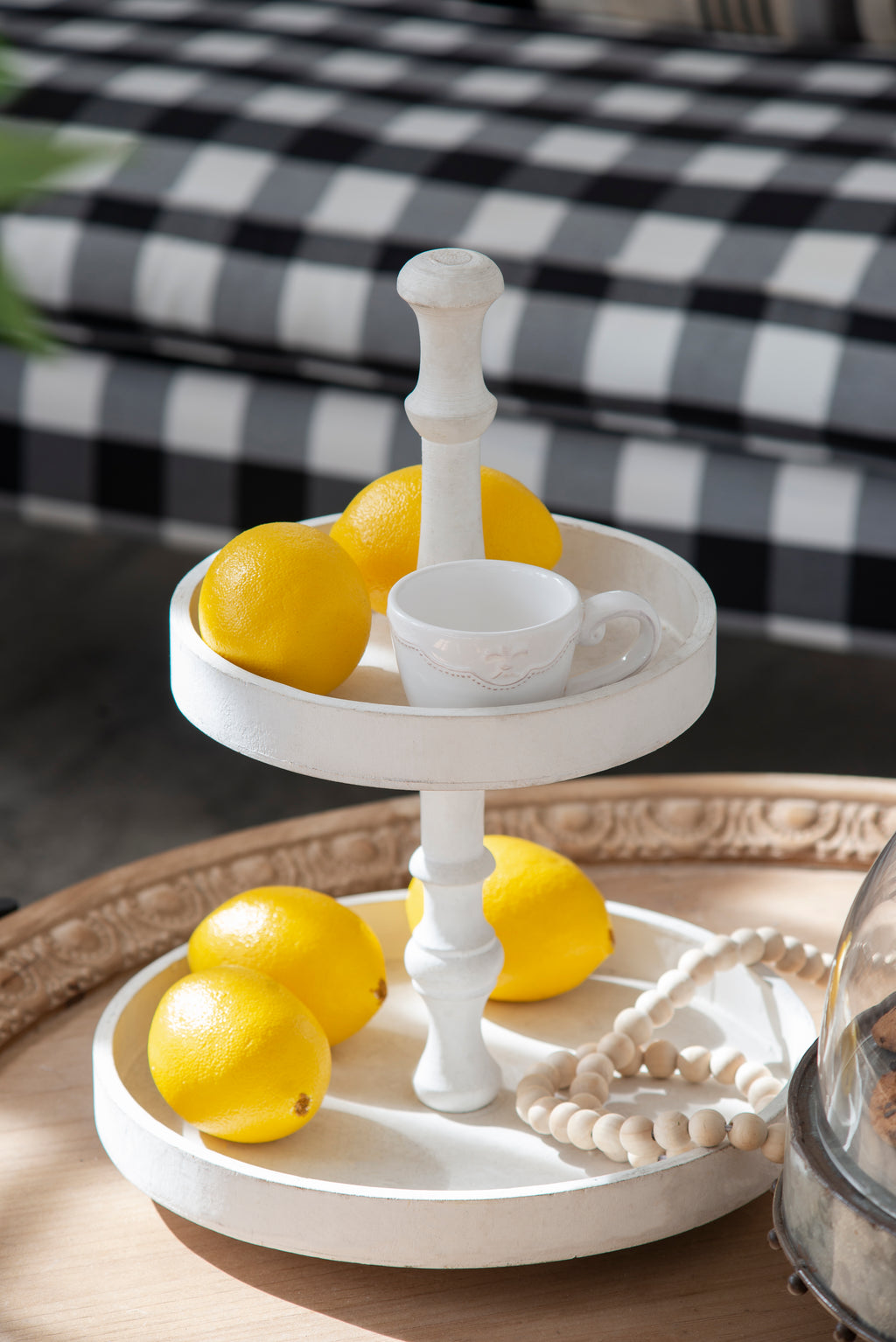 White Two-Tiered Round Wooden Serving Stand, 11.8x15.4 Inch Farmhouse Tiered Tray Decor, 2 Tier Round Display Tray for Kitchen Countertop Coffee Bar Party Dessert Storage