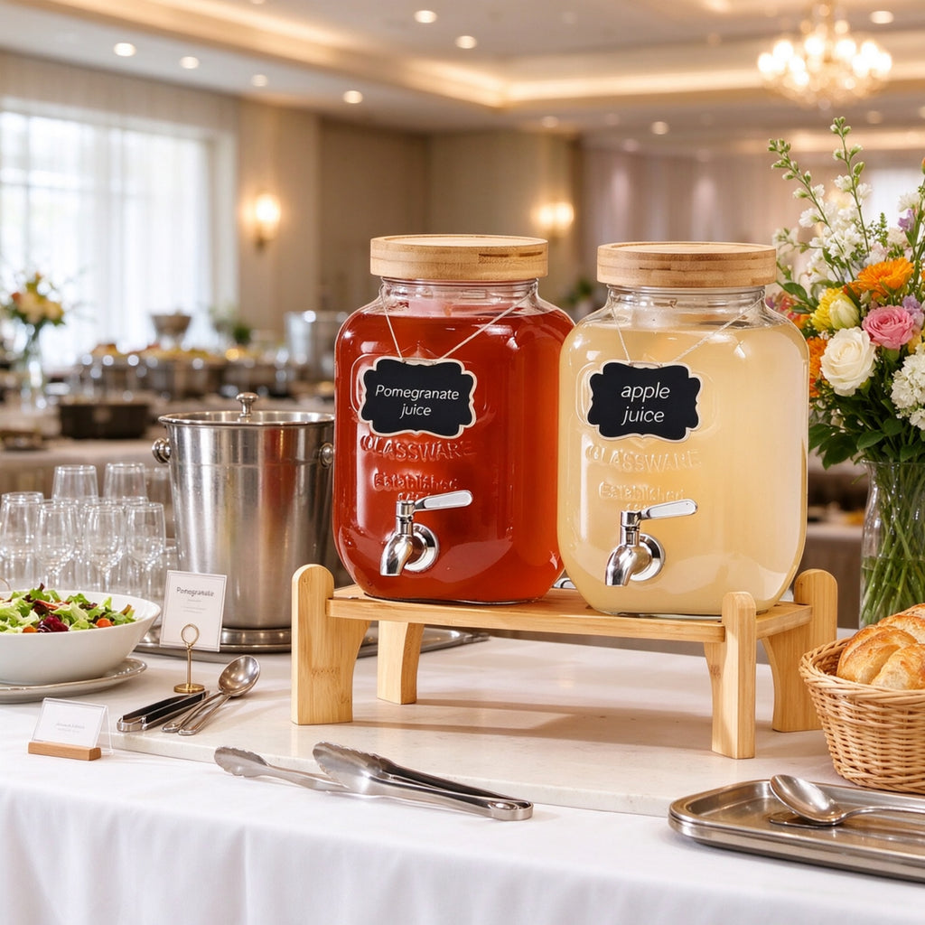 AEELLEEA 2 Pack 1 Gallon Glass Beverage Dispenser with Bamboo Stand & Spigot, 13.78"x13.39" Drink Jar for Party