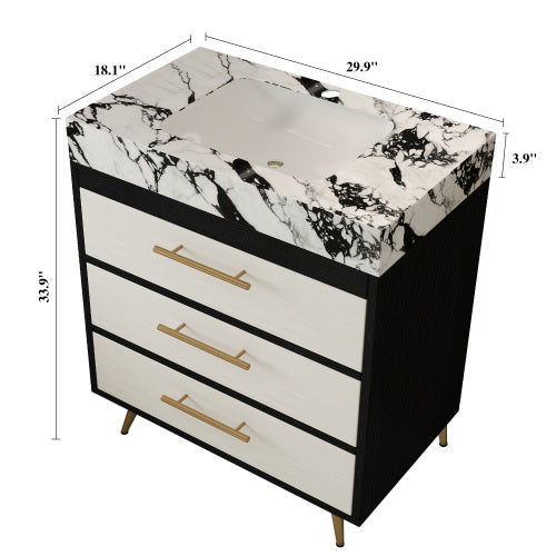 Black White Bathroom Vanity with Sink, Freestanding 3-Drawer Storage Cabinet with Marble Top Gold Legs, Modern Lavatory Console for Bathroom