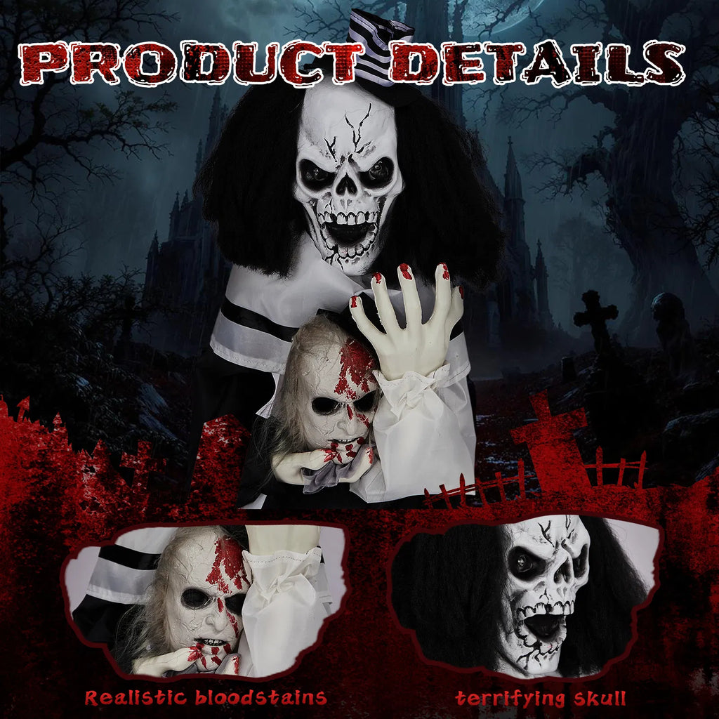 Halloween Animated Scary Clown Prop, Talking Skeleton Clown with LED Glowing Eyes, Holding Bloody Severed Head, Haunted House Yard Decor